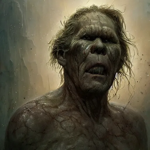 Image similar to rotten stem formed like the face of nick nolte in the swamp, at dusk, misty athmosphere, ultra realistic, concept art, intricate details, eerie, highly detailed, photorealistic, octane render, 8 k, unreal engine. art by ed binkley and ellen jewett and artgerm and greg rutkowski and alphonse mucha