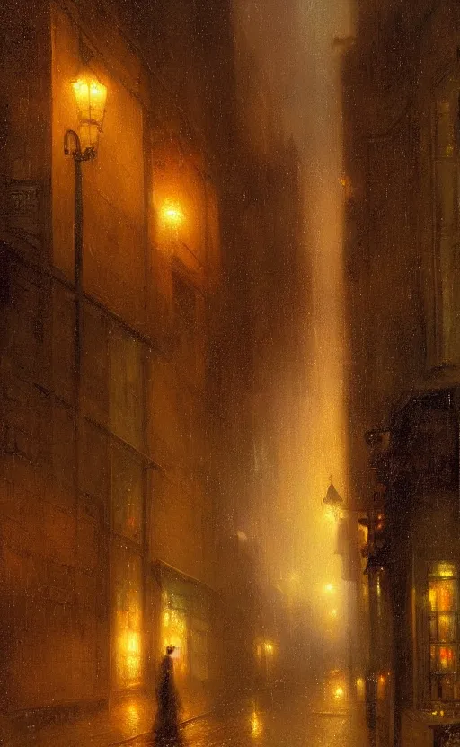 Image similar to Raining New York night alley by Raphael Lacoste and Pierre Auguste Cot and Delphin Enjolras and Daniel F. Gerhartz