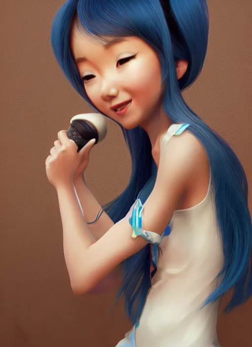 Image similar to a cute asian girl singing, flowing hair in the style of pixar animation, full body shot, viewed from bellow, award winning, hyper detailed, studio lighting, artstation, octane renderer, unreal engine