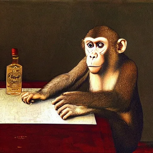 Prompt: Frustrated monkey working on a computer, bottle of rum is placed near the computer, Leonardo da Vinci painting