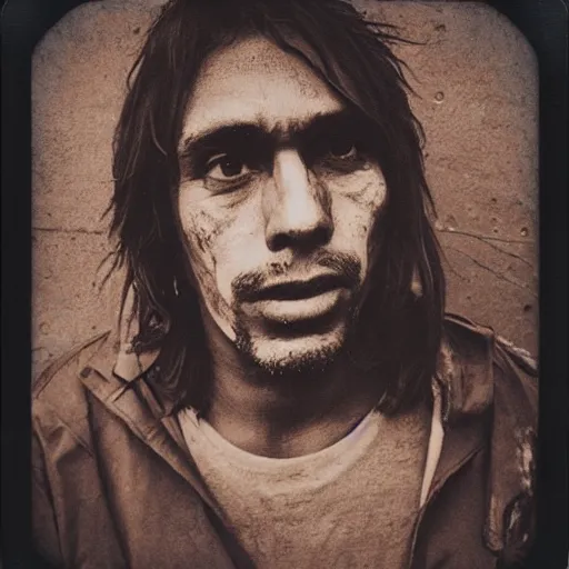 Image similar to polaroid picture, sepia, homeless manu chao in the streets of bogota, perfect face, symmetrical face, fine details, day setting, ethereal, trending on artstation