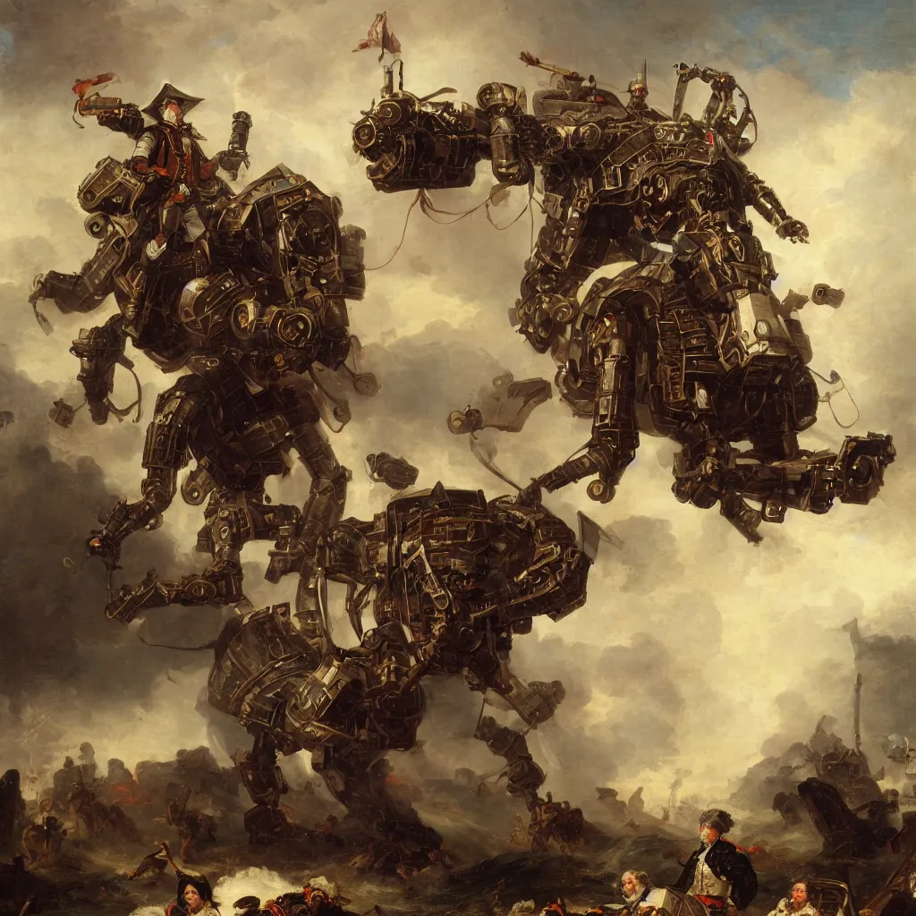 Prompt: George Washington piloting a giant mech steampunk suit of armor, by Emanuel Leutze