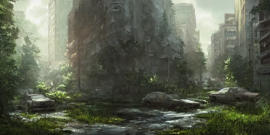 Image similar to an environmental concept art of the last of us by studio ghibli, environmental lighting, cinematic