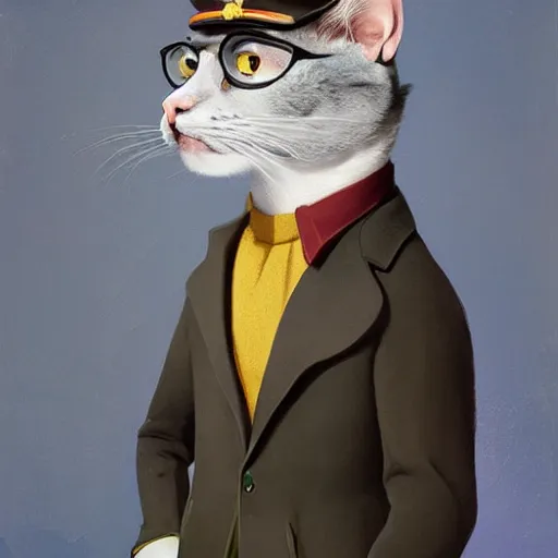 Image similar to an anthropomorphic gray cat wearing as a 1950's Soviet leader, artwork by Sergey Kolesov