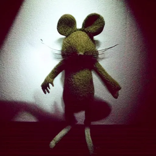 Image similar to real fluffal mouse inside creepy scary nightmare atmosphere, realsitic