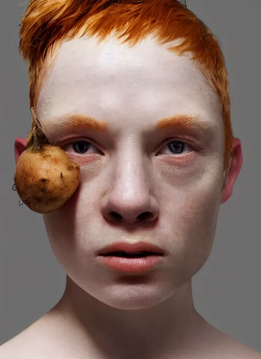 Image similar to closeup portrait of a potato eyed ginger, depth of field, zeiss lens, detailed, symmetrical, centered, fashion photoshoot, by annie leibovitz and steve mccurry, david lazar, jimmy nelsson, breathtaking, 8 k resolution, extremely detailed, beautiful, establishing shot, artistic, hyperrealistic, beautiful face, octane render