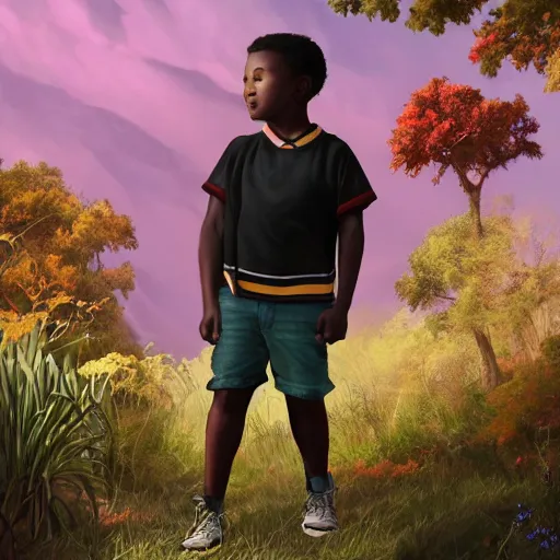 Prompt: a black kid on a florest talking to a bright ghost, pale light, scenic view, hyper realistic, octane render, ultra detailed, a realistic colorful painting by Kehinde Wiley , trending on artstation.