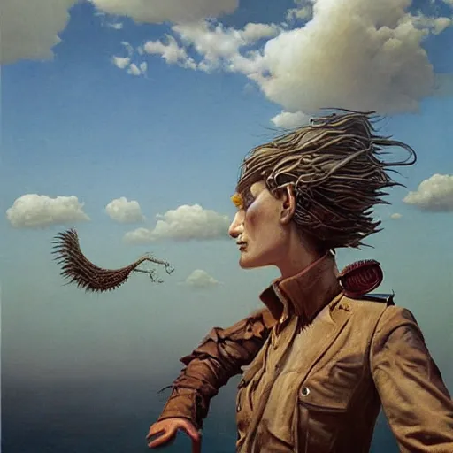 Image similar to a hyperrealistic painting of a steampunk uma thurman, blue skies, by john kenn mortensen and zdzislaw beksinski, highly detailed, vivid color,