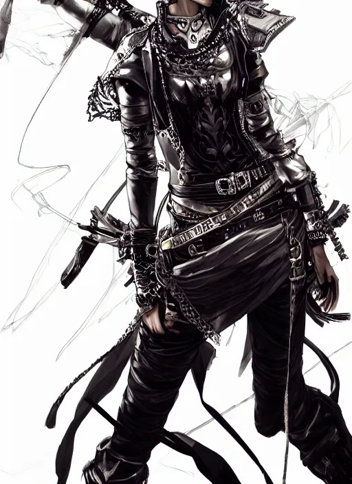 Prompt: Half body portrait of young woman with short silver hair wearing ornate leather tunic, pirate attire. In style of Yoji Shinkawa and Hyung-tae Kim, trending on ArtStation, dark fantasy, great composition, concept art, highly detailed, dynamic pose.