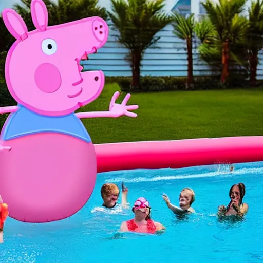 Image similar to a large inflatable float of Peppa Pig in a luxury hotel swimming pool