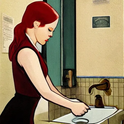 Prompt: emma stone in soviet public toilet, sharp focus, detailed, art by grant wood