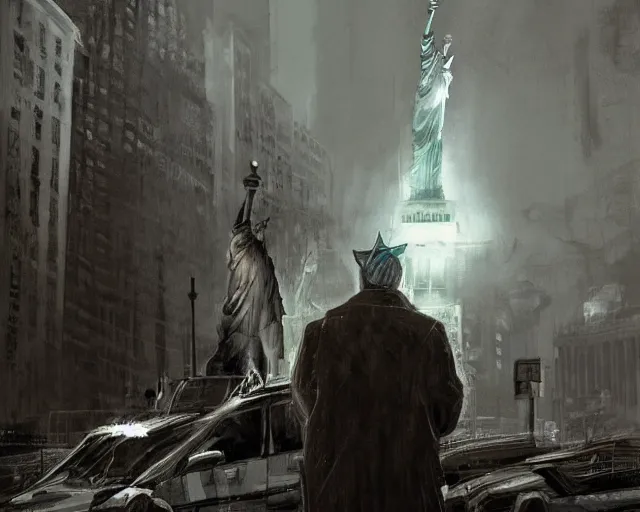 Image similar to Donald Trump shooting the Statue of Liberty in Manhattan, post apocalyptic New York, craig mullins, dramatic lighting, very detailed