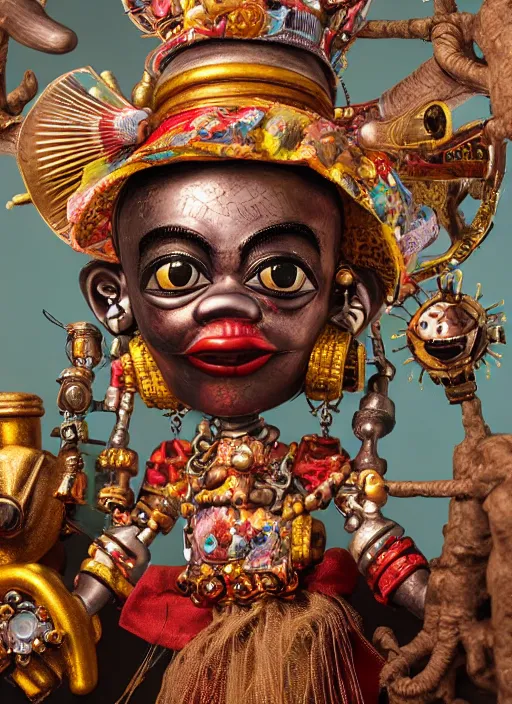 Image similar to highly detailed closeup, portrait of a tin toy voodoo priestess, unreal engine, nicoletta ceccoli, mark ryden, earl norem, lostfish, global illumination, detailed and intricate environment