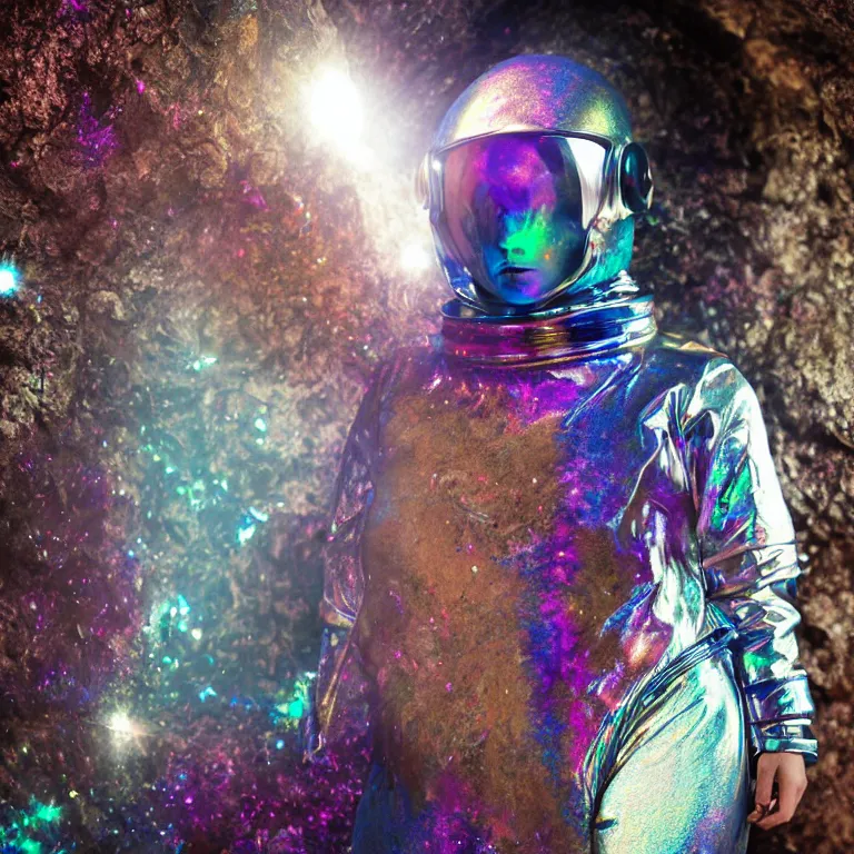 Prompt: octane render portrait by wayne barlow and carlo crivelli and glenn fabry, subject is a woman covered in tie - dye aluminum foil space suit with a iridescent metallic space helmet, inside a cave of glowing alien crystals, cinema 4 d, ray traced lighting, very short depth of field, bokeh