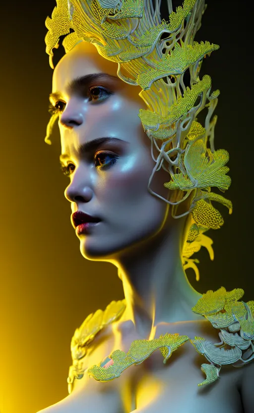 Prompt: intricate hyper detailed ultra sharp 3 d render of a beautiful porcelain seductive woman portrait, medium shot portrait, bright light, alexandre ferra mecha, cyberpunk mechanical haute couture huge white fractal mycelum and fungi, magnolia goliath head ornaments, big embroidered leaves filigree sinuous roots, yellow pistil, octane render, volumetric cinematic lighting, 8 k, vray tracing