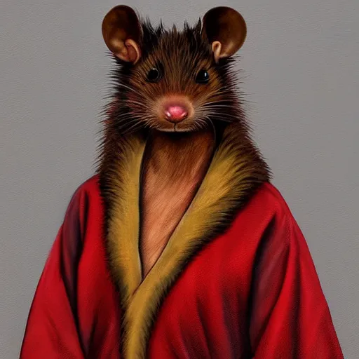 Prompt: a portrait of a human-rat mutant hybrid mutant with brown fur wearing a red kimono, painting, realistic, digital art