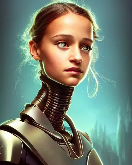 Image similar to weta disney pixar movie still head and torso portrait photo of young alicia vikander as thoughtful cyborg girl by pixar, by weta, wlop, ilya kuvshinov, rossdraws, artgerm, latex, iridescent, bright morning, anime, liosh, mucha