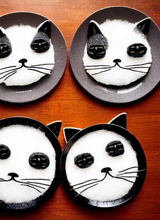 Image similar to clear surrealist painting of adorable cats made from sushi rice, sitting on sushi plates with garnish