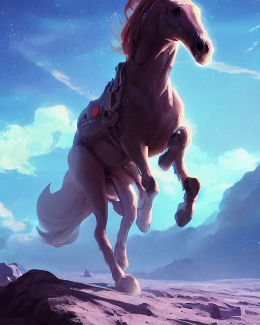 Prompt: a horse on the moon. atmospheric lighting, 8 k. by makoto shinkai, stanley artgerm lau, wlop, rossdraws, james jean, andrei riabovitchev, marc simonetti, krenz cushart, sakimichan, d & d trending on artstation, digital art.