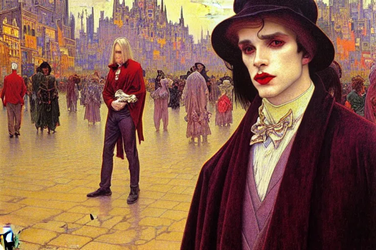 Prompt: realistic extremely detailed closeup portrait painting of an elegant blond male vampire in a cape, detailed crowded city street on background by Jean Delville, Amano, Yves Tanguy, Ilya Repin, Alphonse Mucha, William Holman Hunt, Ernst Haeckel, Edward Robert Hughes, Roger Dean, rich moody colours