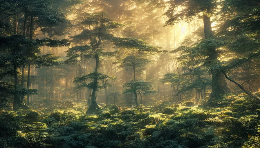 Prompt: A highly detailed matte painting of a dense forest by Mokoto Shinkai, breathtaking, by Greg Rutkowski, by Artgerm, by beeple, by Studio Ghibli, golden hour, volumetric lighting, octane render, 4K resolution, trending on artstation