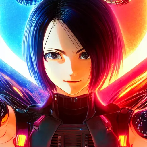 Prompt: anime cyberpunk movie still alita battle angel, beautiful full body female android cyborg - angel, glowing red left eye and glowing blue right eye, cinematic lighting, advanced digital cyberpunk art, wlop, rossdraws sakimimichan, ilya kuvshinov, krenz cushart, greg rutkowski - c 1 0