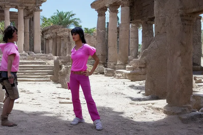 Image similar to Isabela Merced as Dora the Explorer wearing a pink shirt vs Angelina Jolie as Lara Croft wearing a white shirt standing in an ancient temple, high resolution movie still, film by Simon West