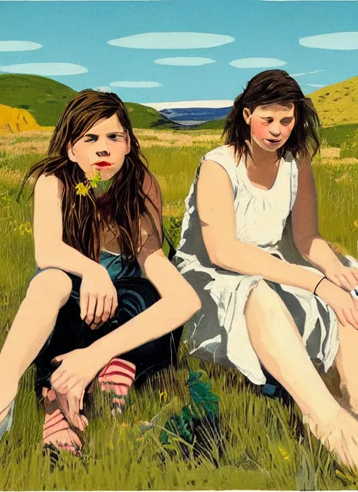 Prompt: composition by justine kurland, a up - close portrait of girl friends sitting in a scenic representation of mother nature and the meaning of life by billy childish, thick visible brush strokes, shadowy landscape painting in the background by beal gifford, vintage postcard illustration, minimalist cover art by mitchell hooks