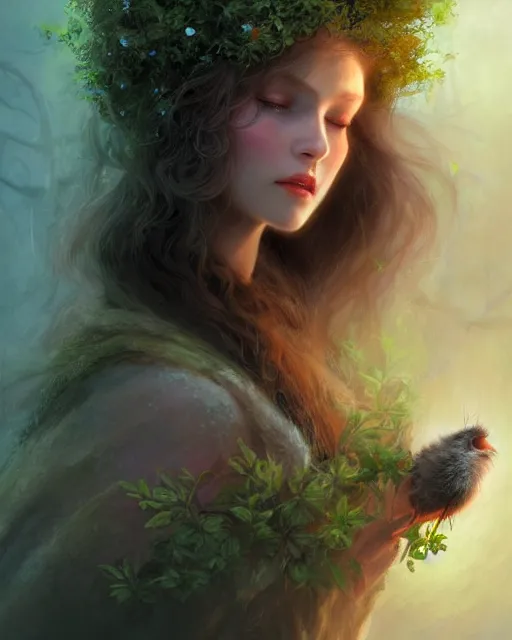 Prompt: dryad, perfect face, accompanied by a cute feathered mouse cinematic, stunning, highly detailed, digital painting, artstation, smooth, hard focus, illustration, art by jessica rossier and brian froud