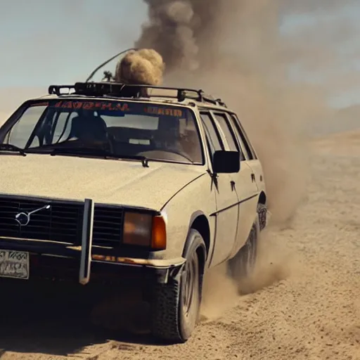 Prompt: 1982 Volvo 245 Wagon in Mad Max Fury Road, movie still, 8k