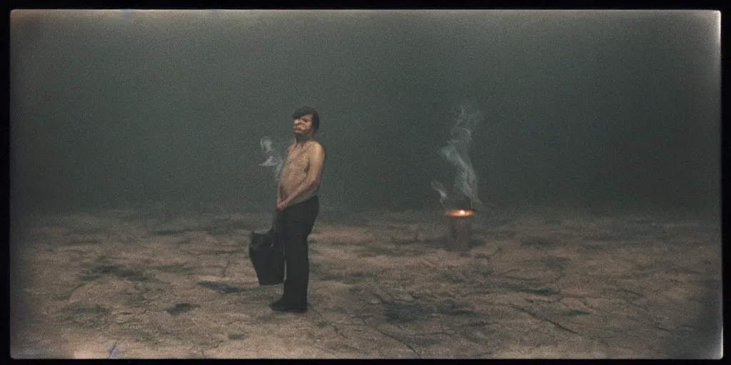 Image similar to detailed medium format photo, polaroid still from tarkovsky movie, sleazy man watching over the zone while smoking a cigarette, haze, high production value, intricate details, 8 k resolution, hyperrealistic, hdr, photorealistic, high definition, tehnicolor, award - winning photography, masterpiece, amazing colors