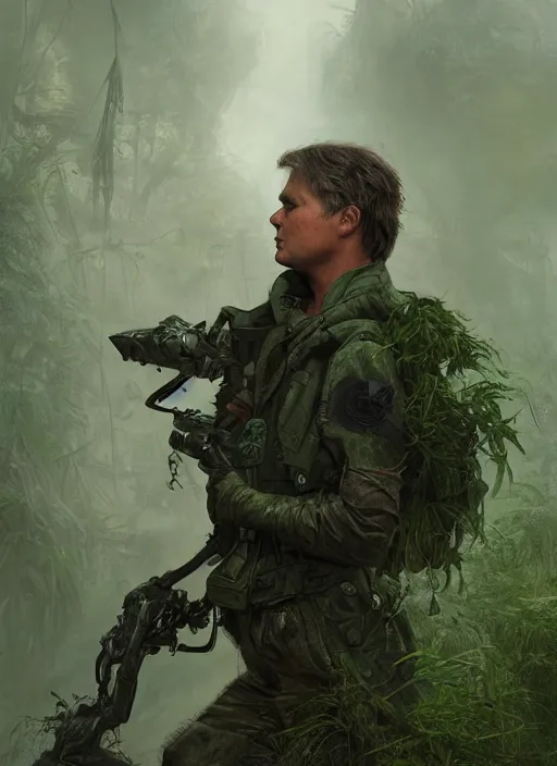 Image similar to portrait of a young richard dean anderson wearing a green combat uniform, in a post apocalyptic rio de janeiro overgrown with plants, by wlop, luis royo and greg rutkowski, cover illustration, concept art, volumetric lighting, volumetric atmosphere, sharp focus, octane render, trending on artstation, 8 k