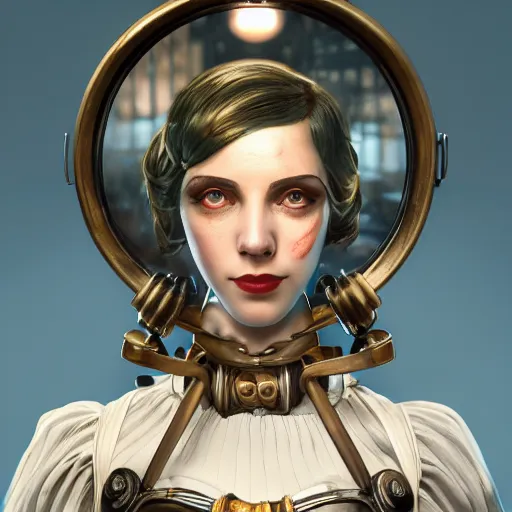 Image similar to Bioshock steampunk portrait, au naturel, hyper detailed, digital art, trending in artstation, cinematic lighting, studio quality, smooth render, unreal engine 5 rendered, octane rendered, art style by klimt and nixeu and ian sprigger and wlop and krenz cushart