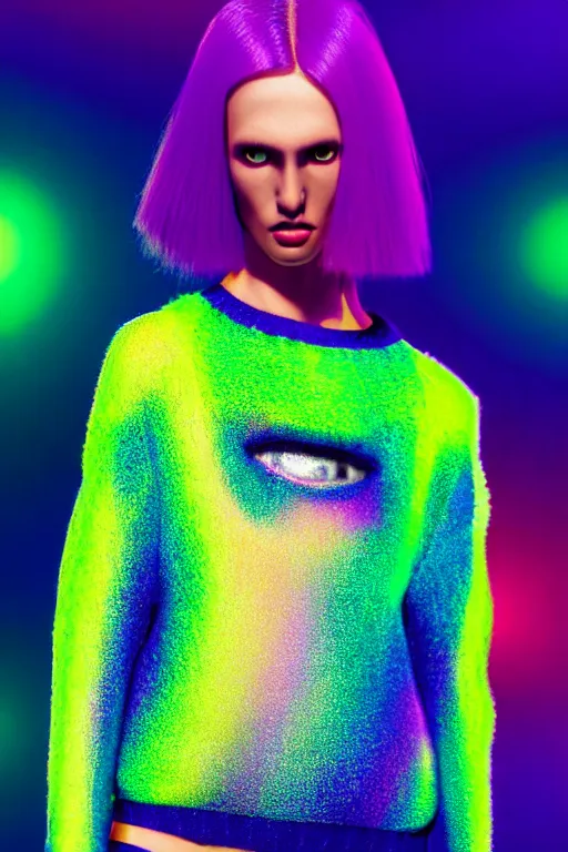 Image similar to stylish pullover for a rave bright colors, many details, photo for a magazine, photo for a store, fashion photography, Vogue, cinematic, hyper realism, high detail, 8k, very coherent symmetrical work, perfect face model, full length photo, Upper and lower body, white eyes, photographer style by Nik Night Erik Madigan Hec and Walter Chin and Camilla Akrans and Miles Aldridge