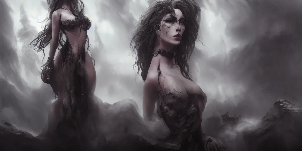 Prompt: a highly detailed matte painting of a gorgeous sultry evil brunette dream woman made of smoke coming in a vision, ominous, foreboding, dark, trending on artstation,