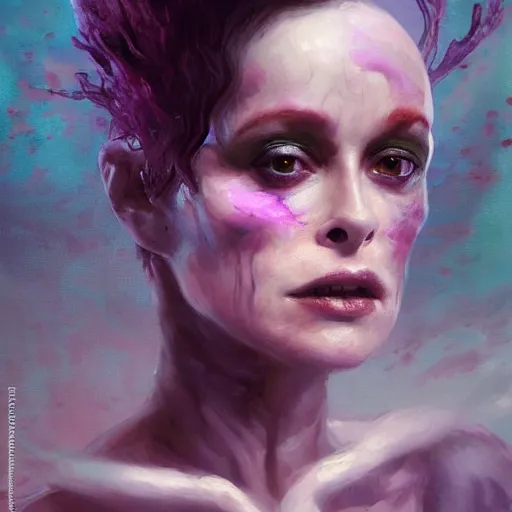 Image similar to impressionist oil painting, alien dark fae girlboss based on helena bonham carter mixed with sigourney weaver, bumpy mottled skin, big black feathered wings instead of arms, body horror, by yoshitaka amano, by greg rutkowski, by jeremy tv lipkinng, by artgerm, digital art, octane render