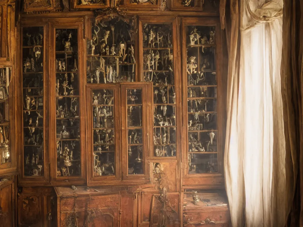 Prompt: the walls of an old victorian cabinet of curiosities full of georgian lover's eyes, eye miniature, shadowed room, small windows, volumetric light, dust, richard cosway, george engleheart, norbert ghisoland, gregory crewdson, erwin olaf, 4 k,