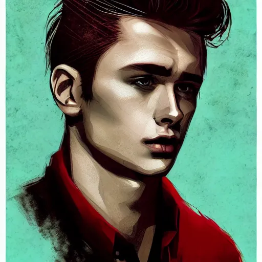 Prompt: young james dean teenage boy man, in a black and red checked flannel shirt, in a style of 8 0's horror style, wlop, artgerm, jason chan, charlie bowater, sergey kolesov, watercolor on paper, hyper detail portrait, closeup on face, exquisite detail, profile picture,