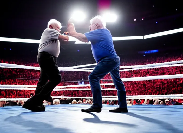Image similar to photo still of bernie sanders in the ring at wrestlemania 3 6!!!!!!!! at age 7 8 years old 7 8 years of age!!!!!!! with a t - shirt gun, 8 k, 8 5 mm f 1. 8, studio lighting, rim light, right side key light