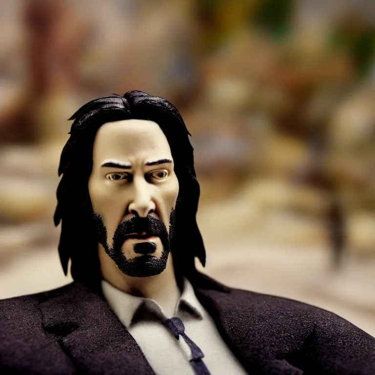 Image similar to a cinematic film still of a claymation stop motion film starring keanu reeves, portrait, shallow depth of field, 8 0 mm, f 1. 8