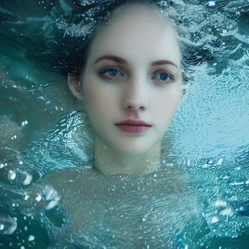 Prompt: pale face lying under the water, water lilys, cinematic, shallow depth of field, atmospheric, ultra high detail, somber colors, close up of face, trending on artstation