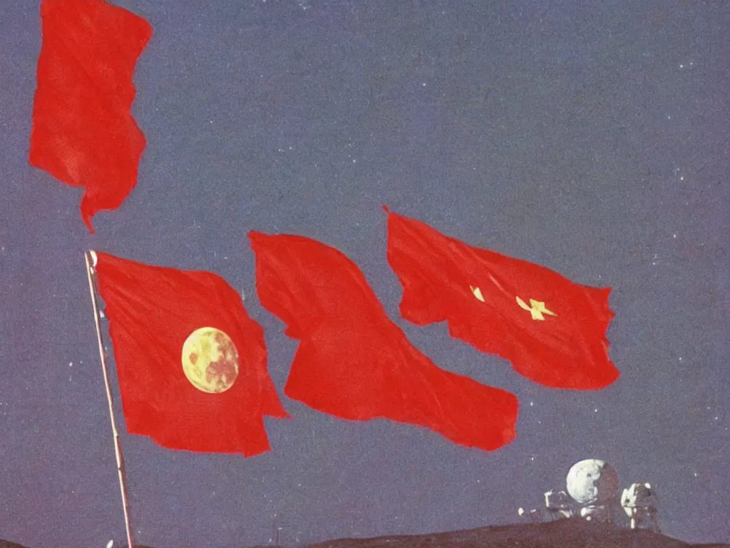 Prompt: Soviet flag on the moon, 1969