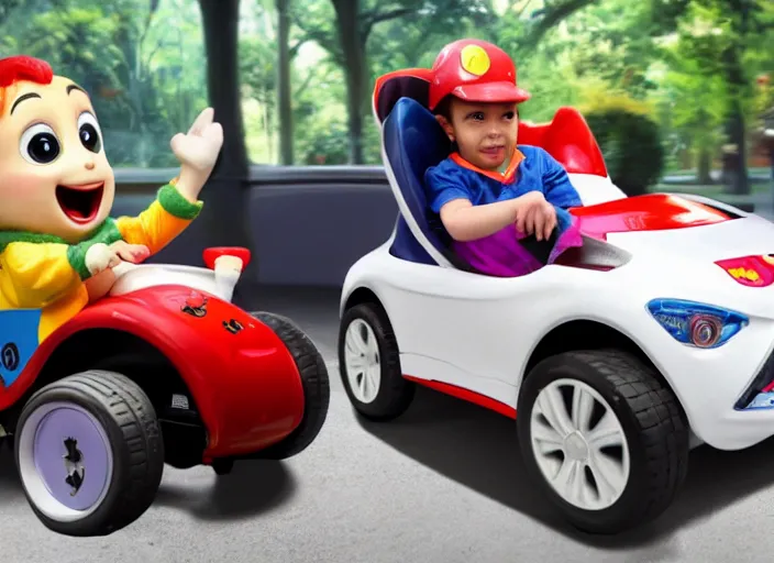 Prompt: michael jackson driving a little tikes cozy coupe, movie still, from the new jumanji movie, 8 k, realistic