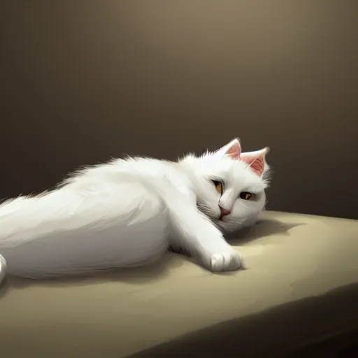 Prompt: a white cat lying on the bed, characterized by roman shipunov, etienne hebinger, atey ghailan, cgsociety, fantasy art, 2 d game art