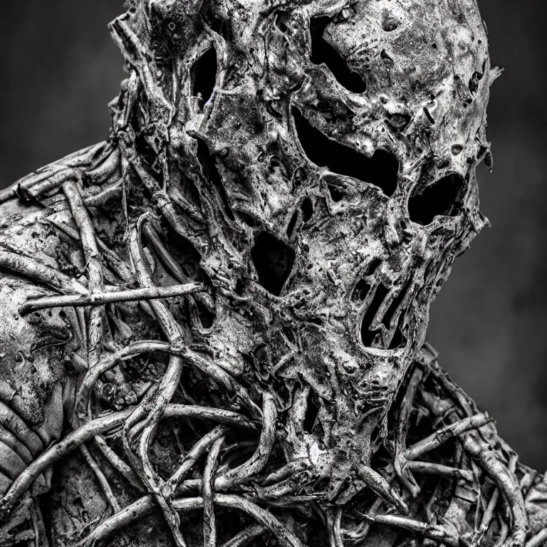 Image similar to armoured undead man, in a burned forest, medieval style, highly detailed, smooth, sharp focus, character portrait, portrait, close up, concept art, intricate details, medieval poster, 8 k. lifelike. dark light. nikon d 8 5 0