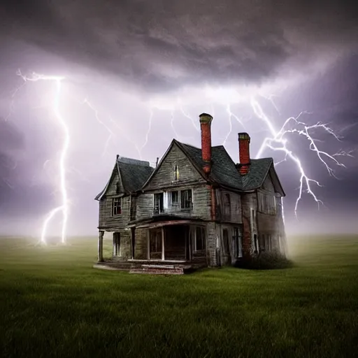 Prompt: haunted house, atmospheric, mist, lightning