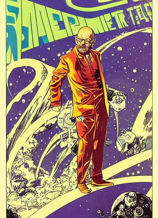 Prompt: Walter White as badass space wizard in retro science fiction cover by Moebius, vintage 1960 print, detailed
