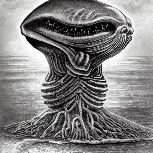 Image similar to a gigantic cyclope emerging from under the ocean drawn by giger