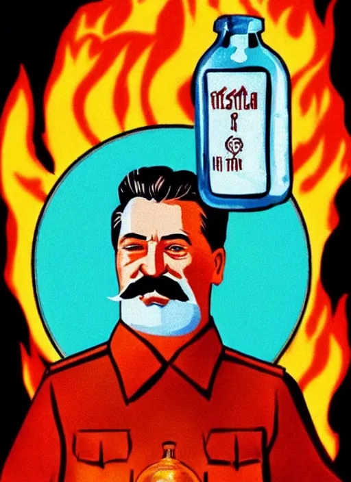 Image similar to stalin with a bottle of vodka, icon with a halo of fire, scary detailed art in color