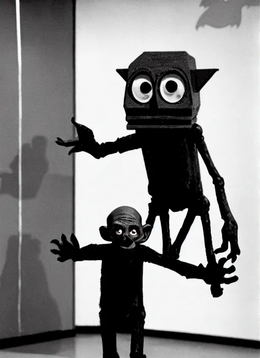 Image similar to creepy realistic scary gangly goblin monster invades the set of a 9 0's childrens tv gameshow, grainy black and white surveillance